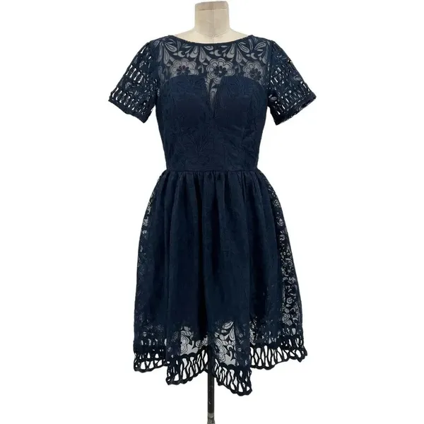 Chi Chi London‎ Sheridan Dress Navy Blue Embroidered Short Sleeve UK 12 US 8 - Image 3
