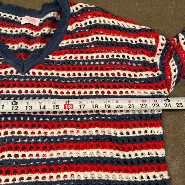 Pink Lily red, white, and blue striped crochet knit sweater top women’s Sz L - Image 8