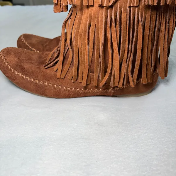 Mossimo Brown Suede Leather Fringe Moccasin Boots Womens 9 Faux Fur Lined Boho - Image 6
