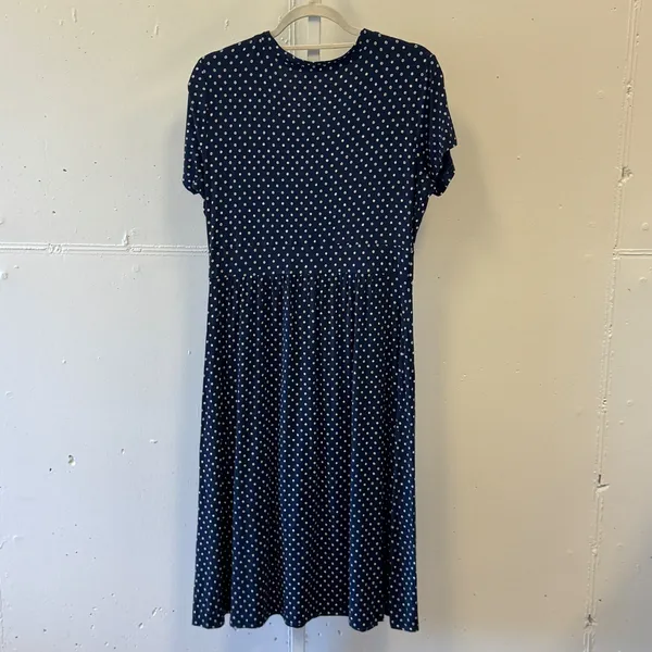 L.L. Bean Navy Polka Dot Faux Wrap Midi Dress Empire Waist 504854 M Reg - Image 2