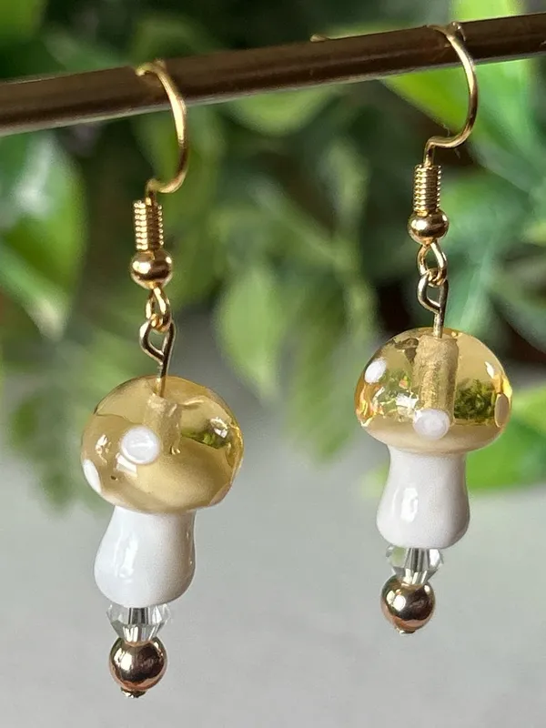 Handmade yellow mushroom + hematite drop earrings in gold - Image 3