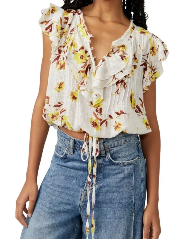 Free People White Floral Ruffle V-Neck Top with Yellow and Brown Print - Image 3