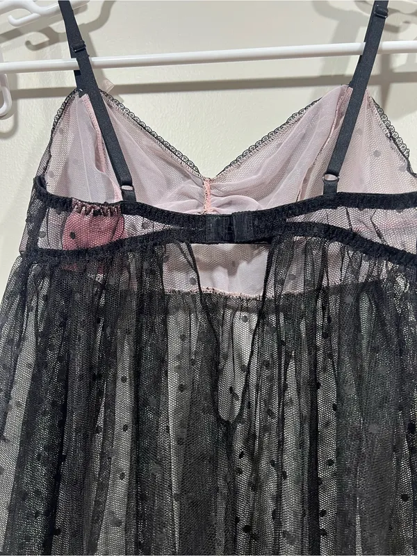 Victoria's Secret Black & Pink Sheer Polka Dot Babydoll Chemise Size Small - Image 7