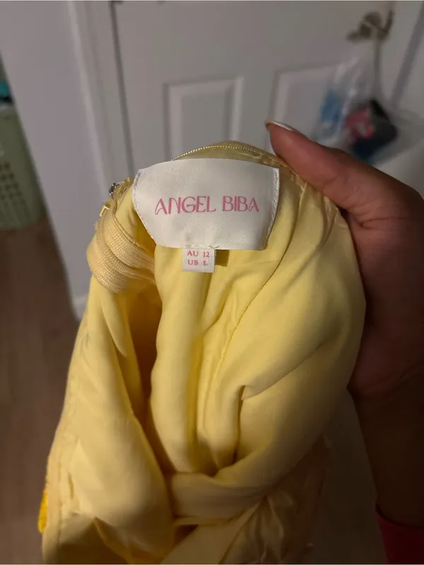 Angel Biba Strapless Floral Appliqué Mini Dress in Pale Yellow - Image 4