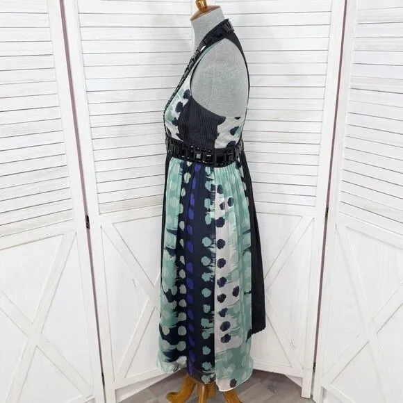 Zara Beaded Silk Pleated Multi Pattern Fit‎ Flare Halter Dress Black Teal Medium - Image 2