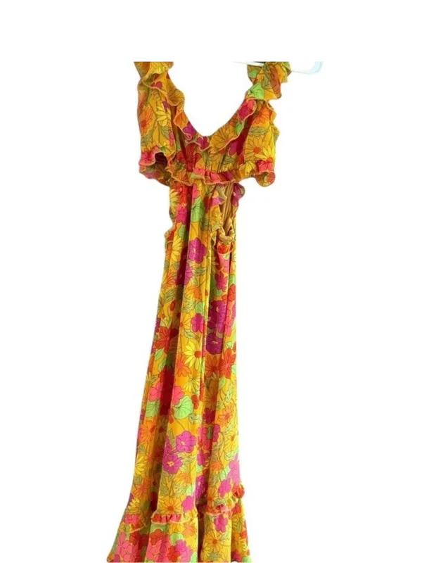 Show Me Your MuMu Pink, Yellow & Green Floral Ruffle Midi Dress - Image 8