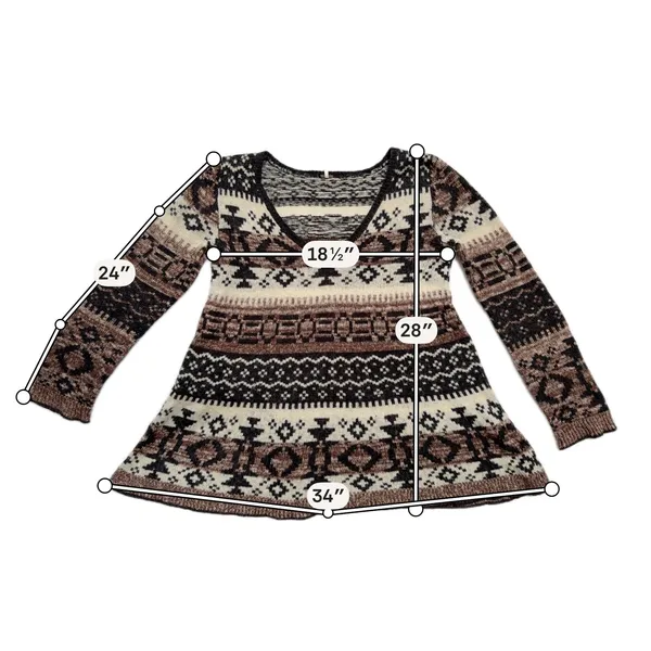 Free People Tunic Sweater Womens S Brown Excellent Southwestern V-Neck Knit - Image 3