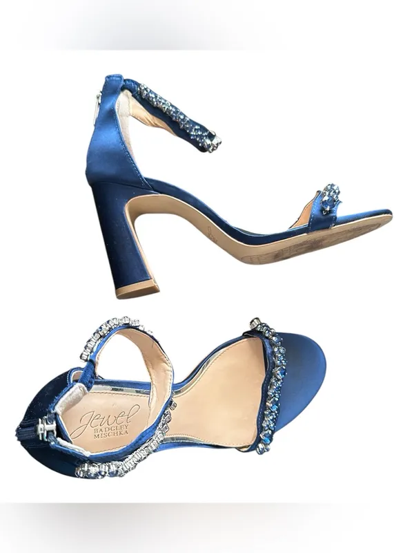 Jewel BADGLEY MISCHKA Embellished Navy Ankle-Strap Block Heel Sandal 7.5 - Image 8