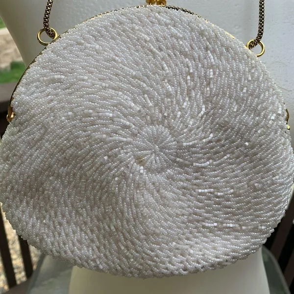 Vintage MAGID White Beaded Purse Art Deco Gold Chain Strap 6x7 Formal Wedding - Image 3