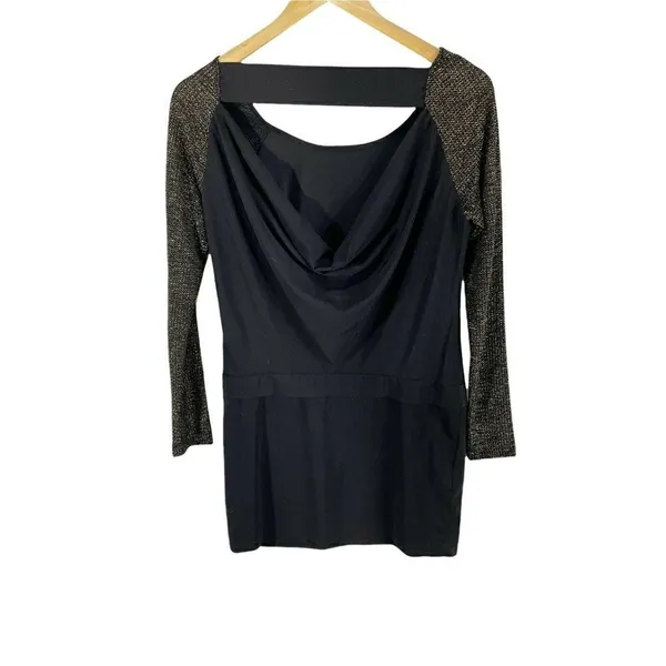 BCBGeneration Black Shift Dress Sz XXS Long Metallic Gold Sleeve Open‎ Back - Image 2