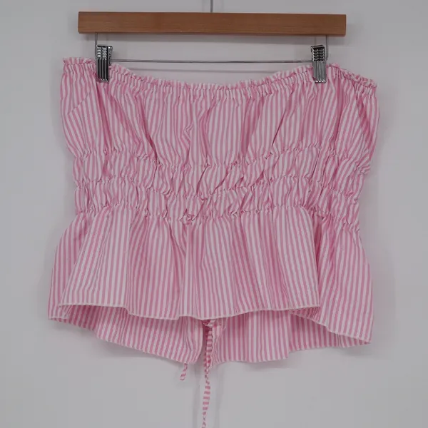 Shein Pink White Striped Smocked Tube Top Lace Up Back Peplum XL - Image 2