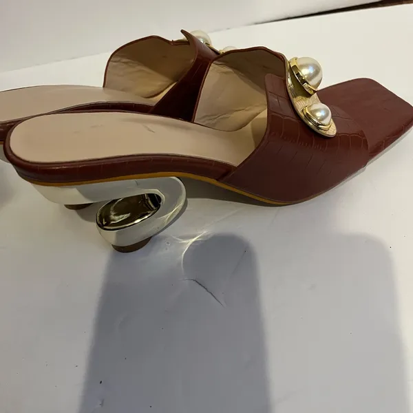 Chic Brown Mules with Pearl Detailing - Image 3