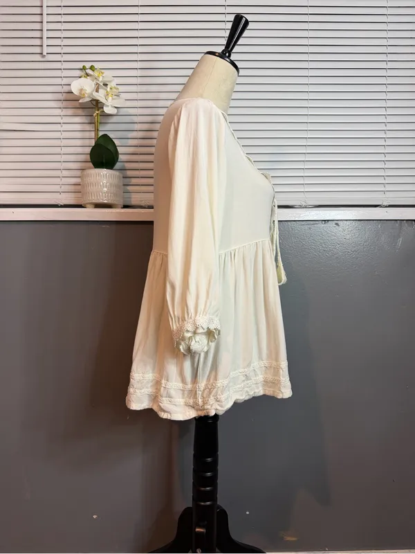 Janasya Ivory Lace Up Babydoll Top Medium Boho Crochet Trim Peasant Blouse - Image 5