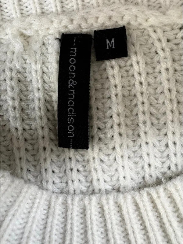 Sweater M White Mustard Sage Colorblock Chunky Knit Crew Neck Cropped - Image 2