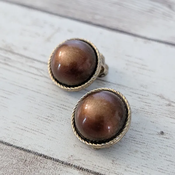 Vintage Clip On Earrings Domed Metallic Brown with Gold Tone Halo - Image 4