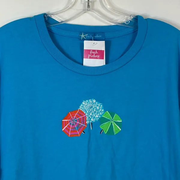 Fresh Produce Womens Scoopy Crew T-Shirt‎ Blue Beach Umbrella Graphic Large NWT - Image 3
