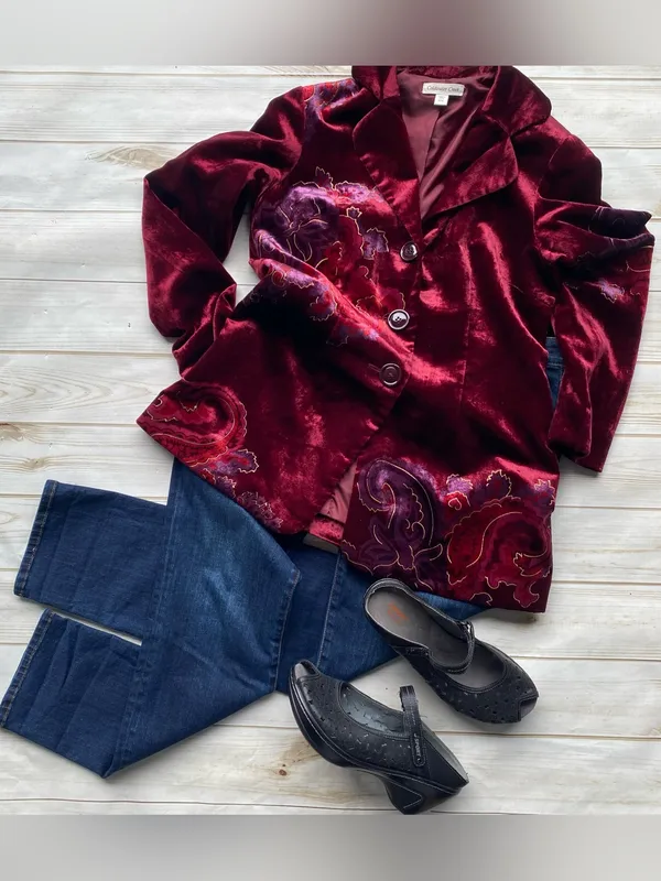 Coldwater creek burgundy velvet blazer grandmacore paisley floral print fall 10 - Image 8
