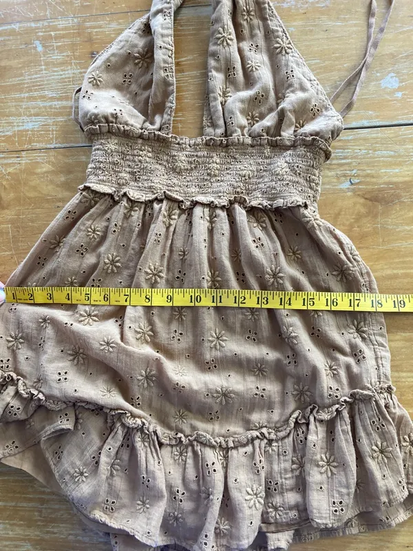 Aerie Spring Fling Cotton Smocked Crossover Halter Eyelet Mini Brown Dress XS - Image 6