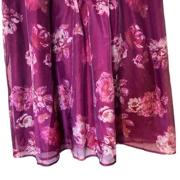Wild Fable Short Dress SZ XL Burgundy Sheer Floral Smocking Short Puffy Sleeves - Image 5