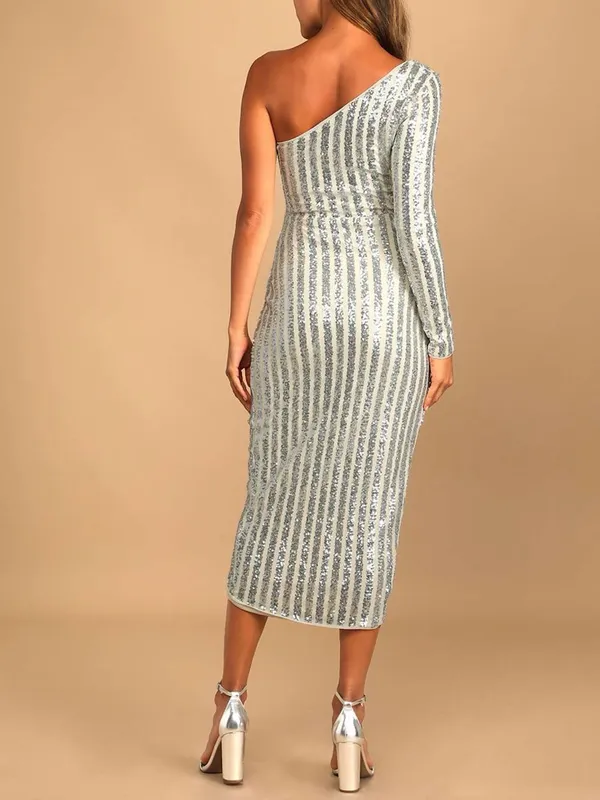 Lulus NWT Silver Sequin Elegant Occasion One-Shoulder Tulip Hem Midi Dress XSS - Image 5