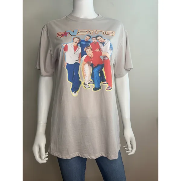 NSYNC 2000s Boy Band Oversized Graphic Tee‎ Cream Mineral Wash Women Small NWOT - Image 2