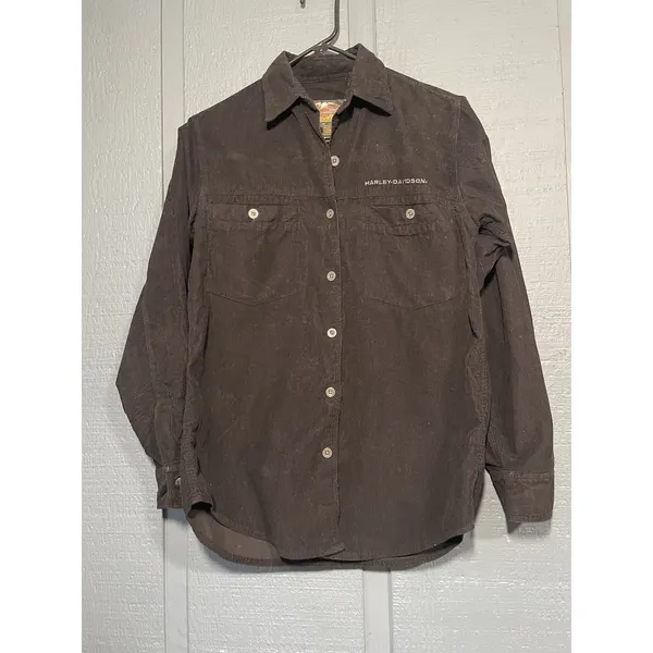Harley Davidson Womens Black‎ Corduroy Button Up Shirt Long Sleeve Embroidered - Image 3