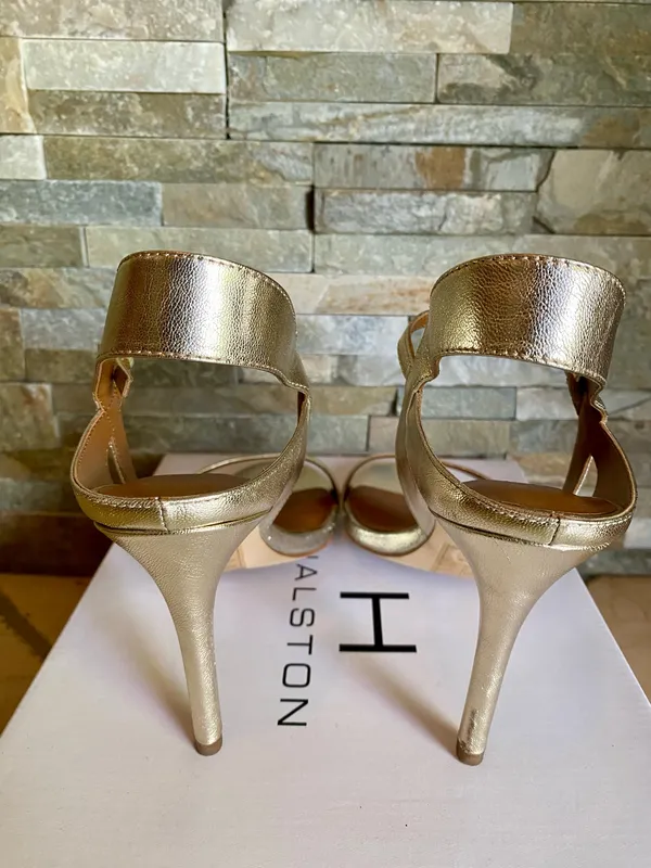 H by Halston Metallic Gold Leather Ankle Strap Sandals - Image 3