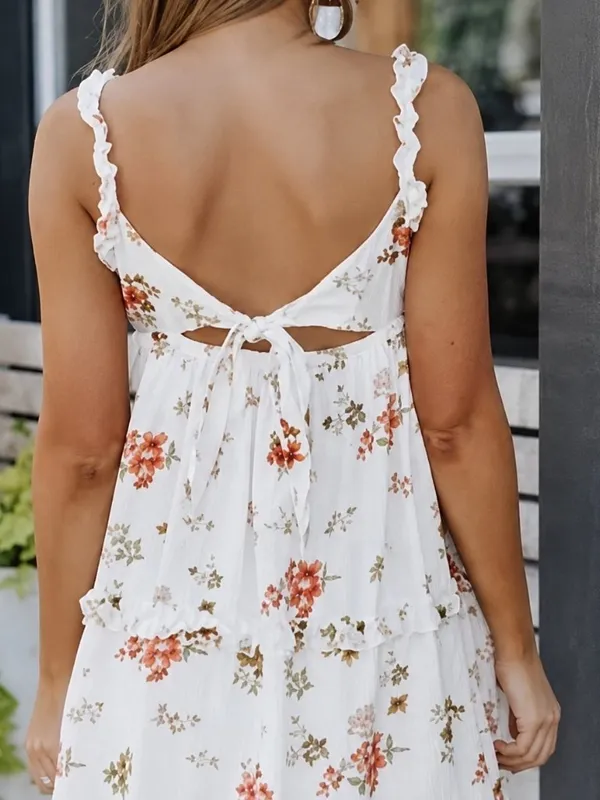 White Floral Babydoll Mini Dress Tiered Ruffle Sleeveless Boho NWT - Image 5