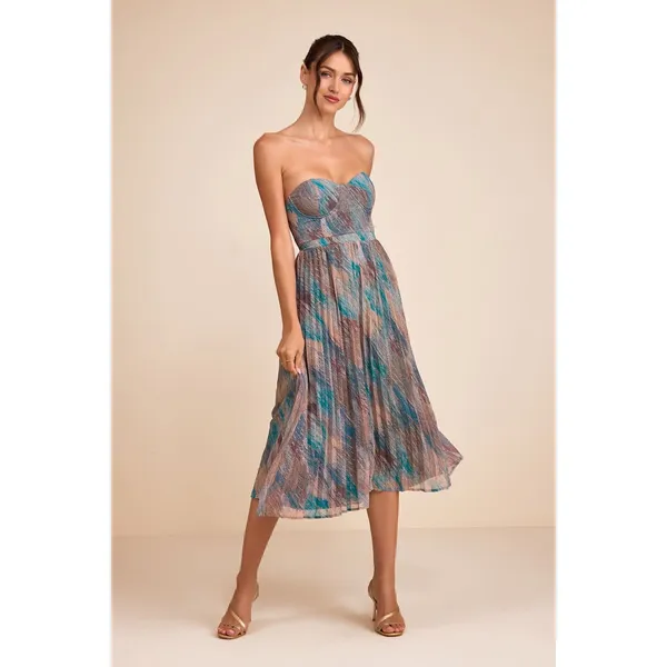 Lulus Juniva Teal Multi Abstract Print Pleated Bustier Midi Dress Cocktail S NWT - Image 4