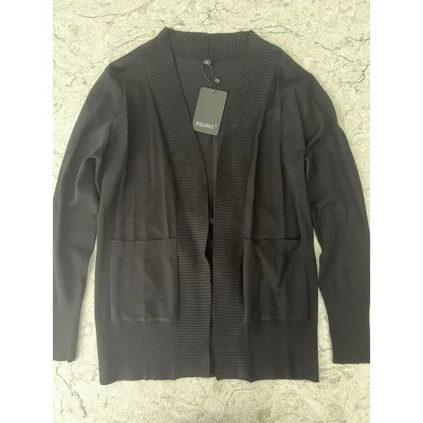 Womens Black Open‎ Front Cardigan Sweater Ribbed Trim Pockets Minimalist Small - Image 3
