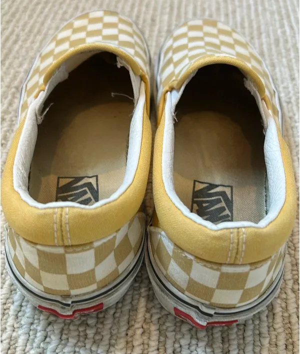 Gold and White Checkerboard Vans Slip Ons Women’s 7 - Image 4