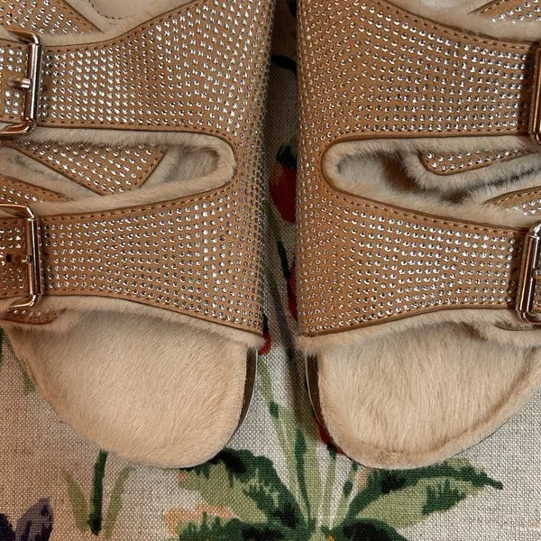 DV Dolce Vita Women Bonita Beige 6.5 Slides Sandals Shoes Bling Fur Comfort Boho - Image 4