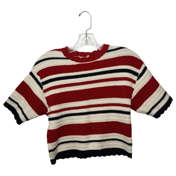 Red White Blue Striped Crochet Knit Crop Sweater Top Nautical Coastal Size Small - Image 2