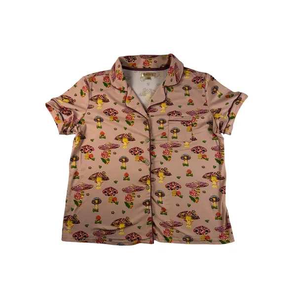 Haute Dreamz Mushroom Print PJ Top XL Pink Button Down Short Sleeve Sleepwear - Image 2