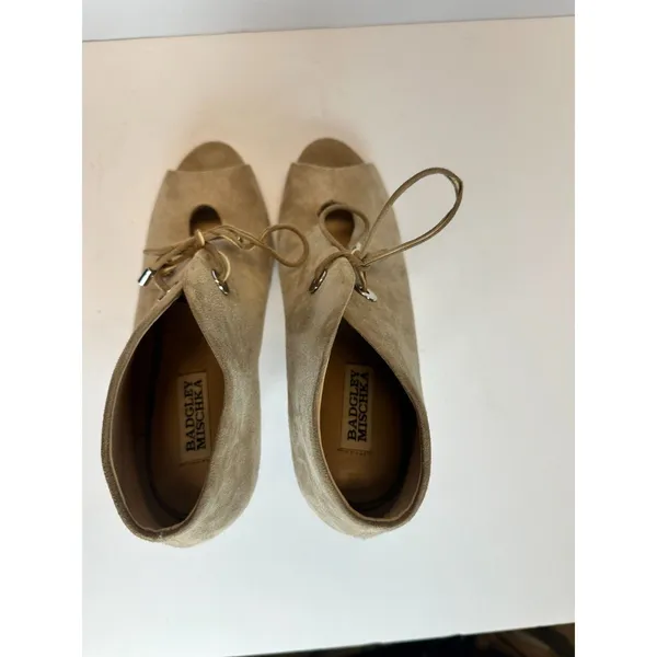 Badgley Mischka Peep Toe Booties Women 8 Taupe Suede Lace Up Stiletto Heel - Image 6