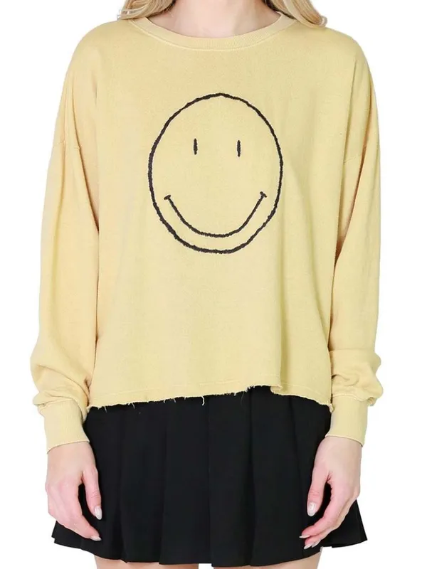 By Together Butter Yellow Smiley Face Cropped Sweatshirt Cutoff Crewneck S‎ - Image 8