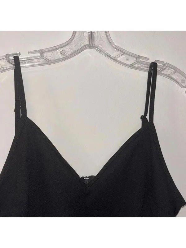 Black Spaghetti Strap Crop Top Boa Fur Trim Holiday Party Club Festival - Image 2