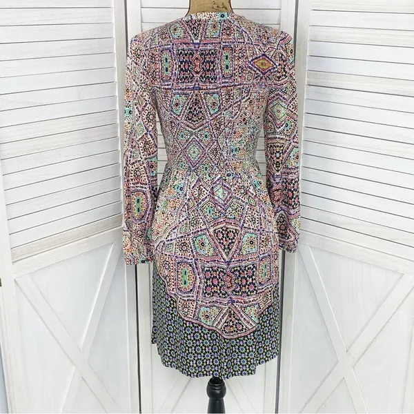 Maeve Anthropologie‎ Tiled Amethyst Dress XS Smocked Long Sleeve Boho Mosaic - Image 5