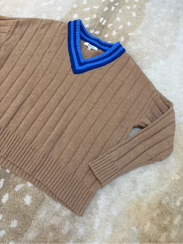 Madewell Tipped V-Neck Oversized Wool Blend Sweater XS Heather Caramel Blue - Image 7