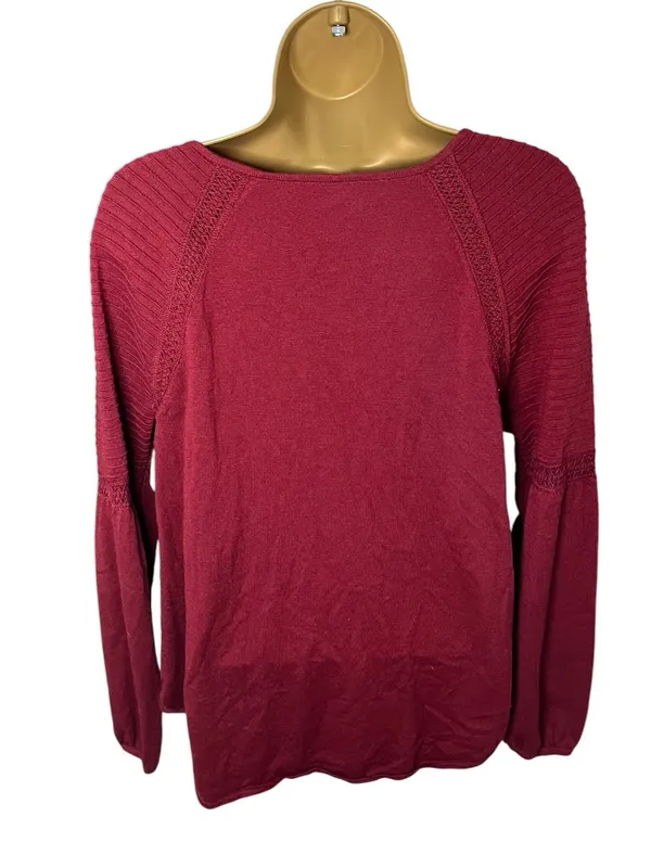 LOFT Boho Knit Top Tie Neck Ribbed Crochet Trim Burgundy M - Image 5