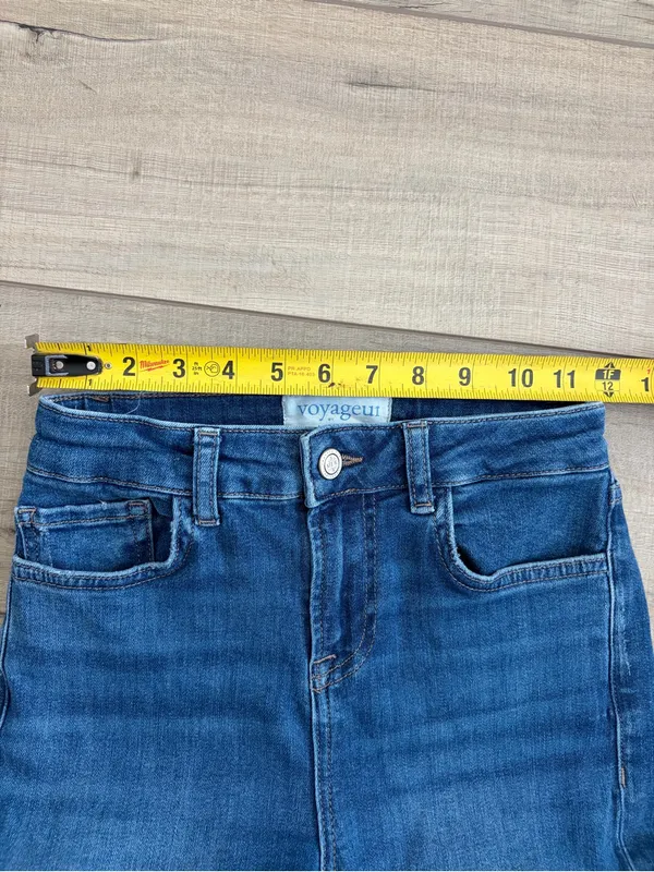 Voyageur by Mersea Nomad Cropped Mini Bootcut Flare Blue Denim Stretch Jeans 25 - Image 6