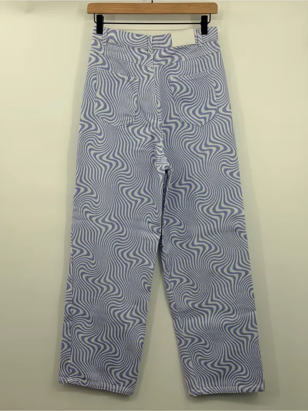 SHEKOU Psychedelic Swirl Wide Leg Jeans Medium‎ Purple Blue Y2K Satin - Image 3