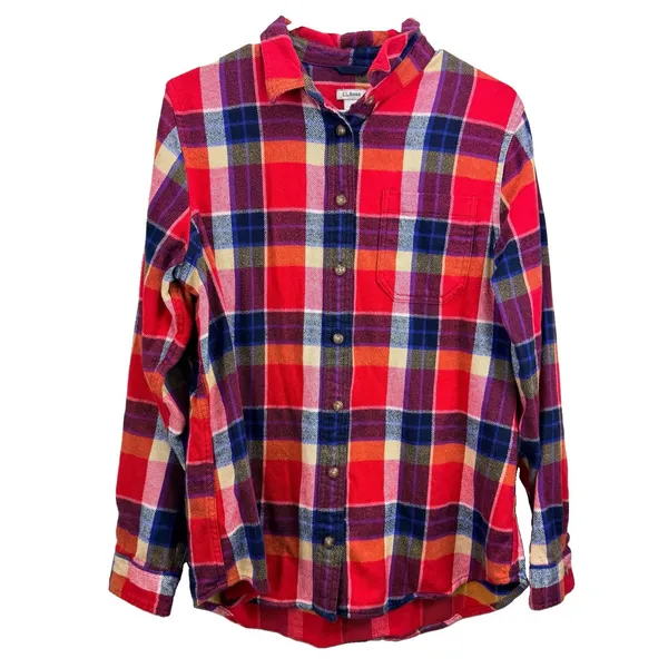 LL Bean Womens Red Blue Plaid Organic Cotton Flannel Button Shirt Size Medium - Image 3