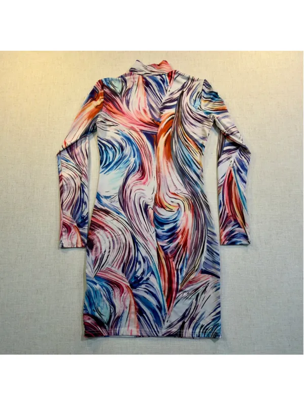 Women’s M Abstract Swirl Print Mock Neck Long Sleeve Mini Dress - Image 6