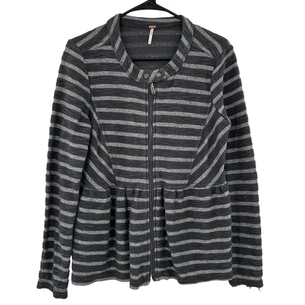 Free People Peplum Striped Jacket Cotton Blend Full Zip Size Small - Image 2