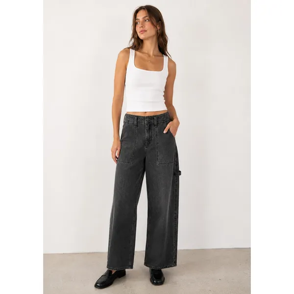 Free People We The Free Black Wash Major Leagues Cuffed Carpenter Utility Jeans - Image 4