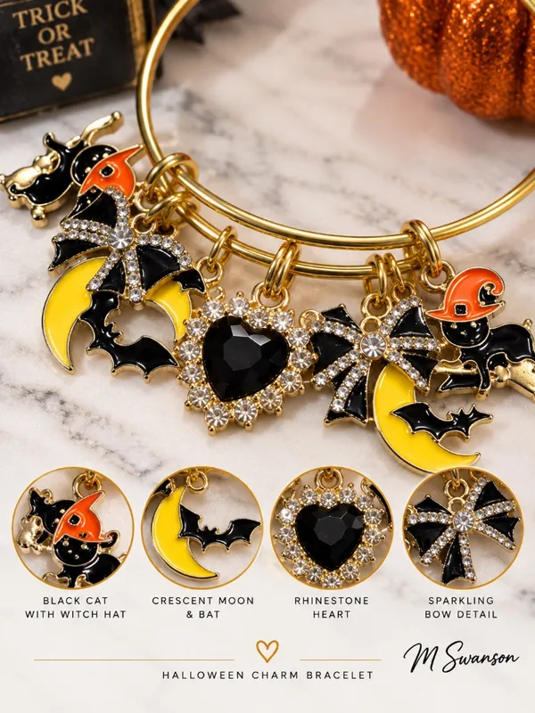NEW Halloween Spooky Charm Bracelet Gold Rhinestone Bat Cat Witch Moon - Image 2