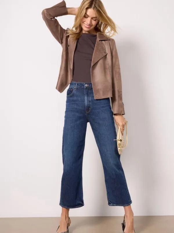 EVEREVE Marren Moto Jacket Faux Suede Biker Asymmetrical Zip Taupe Womens S - Image 8
