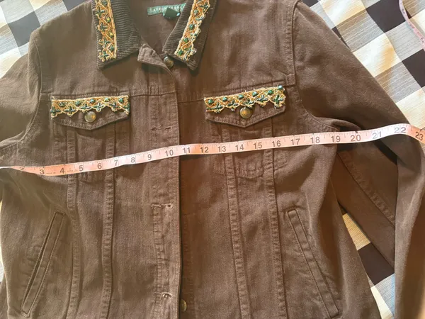 Vintage 90s Lauren Jeans Co Ralph Lauren Beaded Denim Jacket - Brown Embellished Trucker - Size L - Image 9