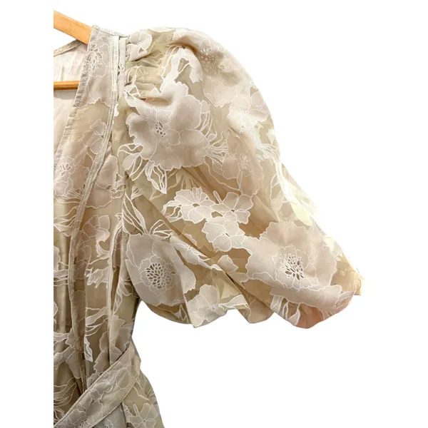 Savannah Taylor Floral Organza Puff Sleeve Belted Mini Dress Cream M Fairy Girly - Image 2